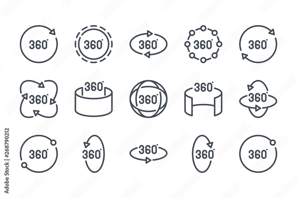 Poster 360 degree related line icon set. 360 view linear icons. panorama view outline vector sign collectio
