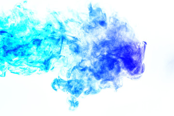Colorful steam exhaled from the vape with a smooth transition of color molecules from turquoise to blue on a white background like a collision of two jets of smoke. Malicious virus and drug injection.