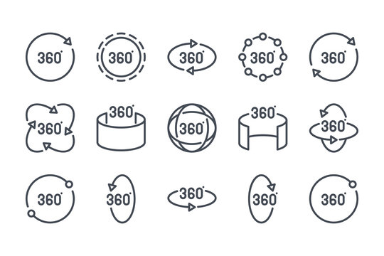 360 degree related line icon set. 360 view linear icons. Panorama view outline vector sign collection.