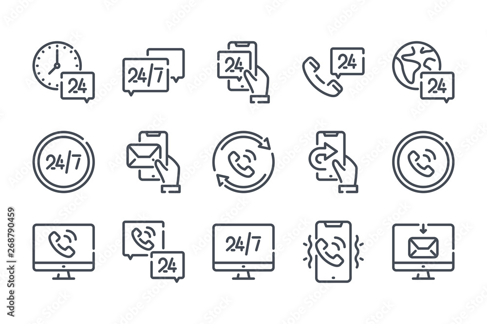 Poster callback related line icon set. processing linear icons. call support and 24 hour service outline ve