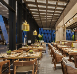 Modern interior design of restaurant lounge, oriental arabic style with wire mesh ceiling and hidden lights,  wood and bronze gold colors, 3d rendering