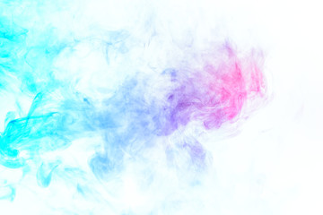 Fototapeta na wymiar Colorful steam exhaled from the vape with a smooth transition of color molecules from turquoise to blue on a white background like a collision of two jets of smoke. Malicious virus and drug injection.