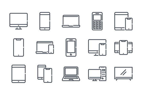 Electronic and devices related line icon set. Computers and mobile phones linear icons. Laptop, hardware and tablet outline vector sign collection.