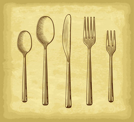 Hand drawn spoon, fork and knife. Old paper texture background. Engraved style vector illustration. Elements for your design works.