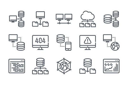 Network and hosting related line icon set. Server and database vector linear icon collection.