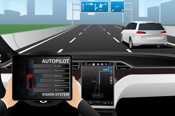 A man uses digital tablet while his car is driven by an autopilot. Self driving autonomous vehicle concept