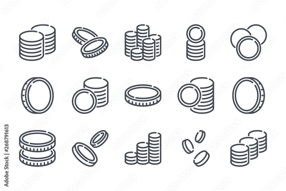 Aufkleber stack of coins related line icon set. coin linear icons. money and currency outline vector sign coll