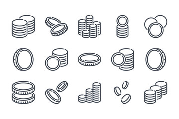 Stack of coins related line icon set. Coin linear icons. Money and currency outline vector sign collection.