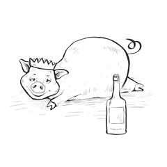 Drunk pig lies in a dirty puddle. On the head cap. Hand-drawn. Contour Line Drawing. - 268791618