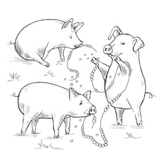 Picture with a piglet. Proverbs and sayings. Do not throw your pearls to pigs. Contour Line Drawing. - 268791636
