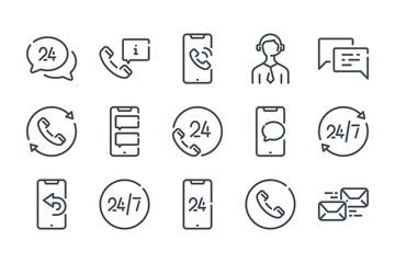 Support and call center related line icon set. Telemarketing and sales linear icons. Support services outline vector sign collection.