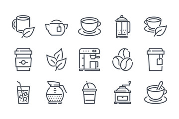 Tea and coffee related line icon set. Coffee house linear icons. Coffee break outline vector sign collection.