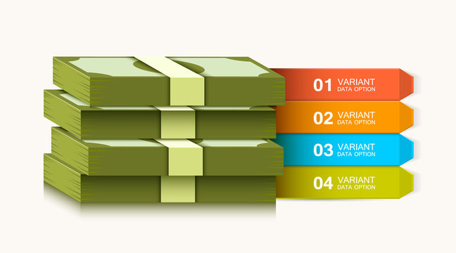 Business presentation template. Business solutions or options. Money infographics. Dollar stack