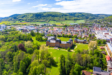 Fototapeta na wymiar Aerial view, view of Kleinheubach and Großheubach with castle Löwenstein, Miltenberg am Main, Lower Franconia, Bavaria, Germany