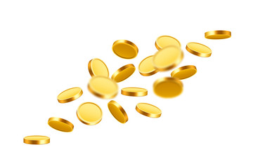 Falling coins, falling money, flying gold coins, golden rain. Jackpot or success concept. Modern background.