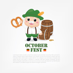 Fototapeta premium October festival banner. Cute old man with pretzel and beer.