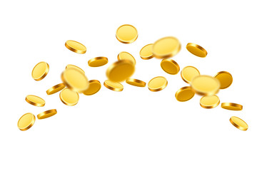 Falling coins, falling money, flying gold coins, golden rain. Jackpot or success concept. Modern background.
