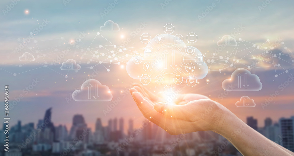 Poster Cloud Computing Concept. Hands holding of Data protected exchange on sunset city background. networking connection. Big data and online storage. Cloud technology
