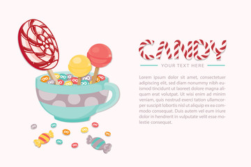 Pastel sweet template  with lollipop colorful candy isolated vector illustration. 