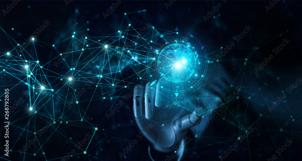 Poster Hand of robot touching global futuristic network connection. AI, artificial intelligence, Iot, innovation and technology.