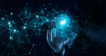 Hand of robot touching global futuristic network connection. AI, artificial intelligence, Iot, innovation and technology.