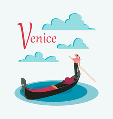 Venice gondola and gondolier. Invitation to travel to Italy. Italian male profession. Design elements for tourist poster, textile. Image on white background.