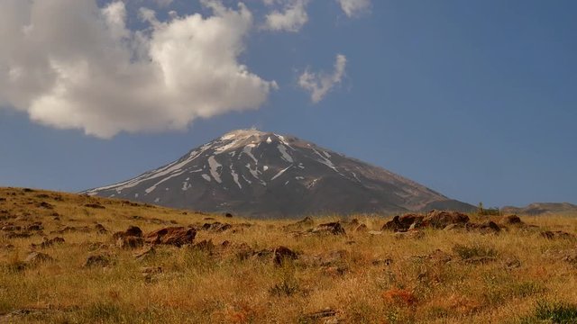 A long shot from great Damavand mountain and extended field on its foothill A 4K shot of Damavand's foothill and fennel extended field snow on peak and partly cloudy blue sky during summer light