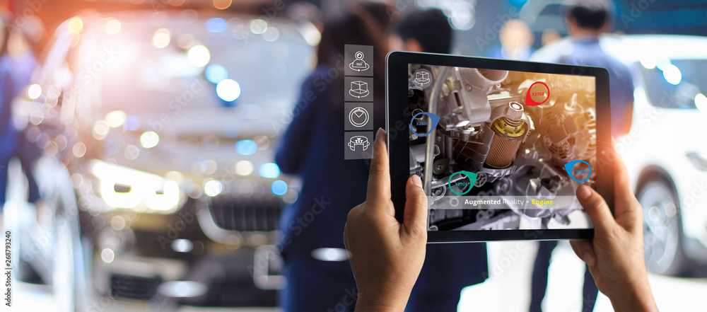 Aufkleber augmented reality concept. ar. industrial 4.0 , hand of engineer holding tablet using virtual ar ser