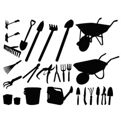 isolated set of garden tools silhouettes