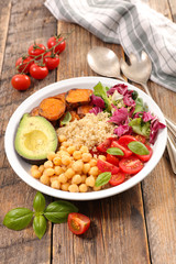 buddha bowl with avocado, chickpea, tomato and sweet potato