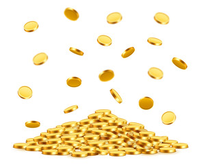 Falling coins, falling money, flying gold coins, golden rain. Jackpot or success concept. Modern background.