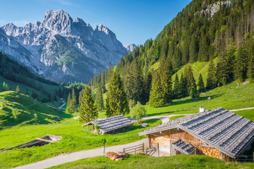 Traditional mountain chalets in the Alps in summer