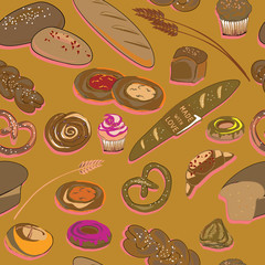 Vector illustration of bakery products on golden background. Seamless pattern