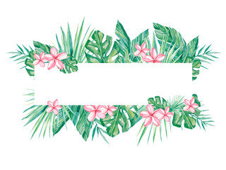 Watercolor banner tropical floral isolated on white background. Illustration for design wedding invitations, greeting cards. Spring or summer template leaves and flowers with space for your text