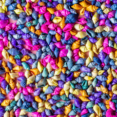 Multicolored seashells background on pink, top view, copy space. Summer concept, hello summer greeting card