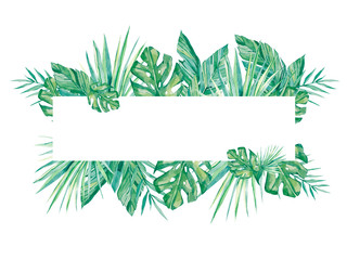 Watercolor banner tropical leaves and branches isolated on white background. Illustration for design wedding invitations, greeting cards. Spring or summer template with space for your text