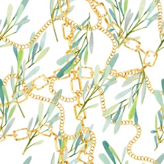 Tapeten Blumenelement und Juwelen Aquarell nahtlose Muster Olivenzweige und goldene Kette exotischer Sommerdruck  für Textilgewebe und Tapeten