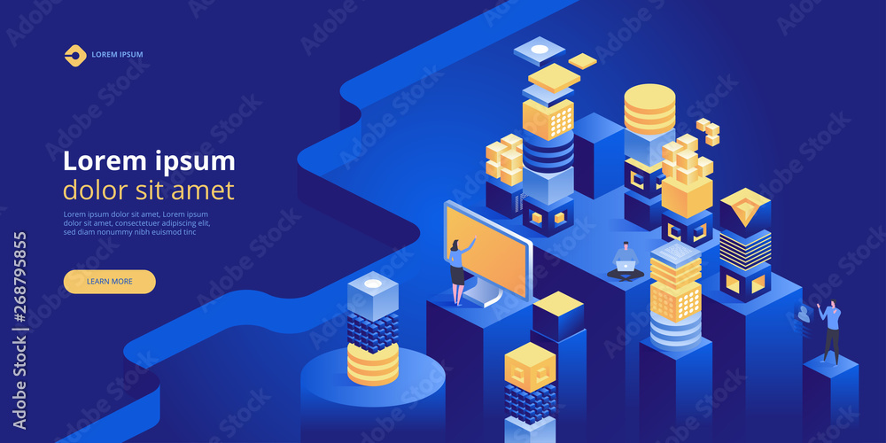 Poster blockchain concept banner. isometric digital blocks connection with each other