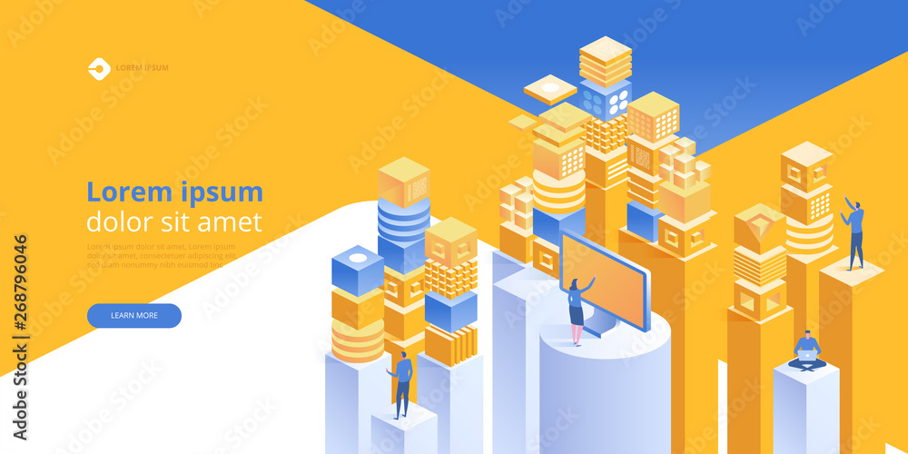 Poster big data flow processing concept, cloud database, isometric vector