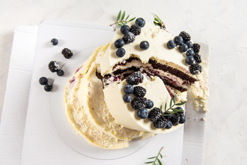 Broken wedding cake on white background. Bad birthday, wedding. Spoiled holiday. Bad luck, bad delivery concept. Copy space
