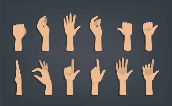 Set of hands showing different gestures.