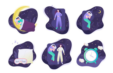 People sleep set. Person rest in the bed on the pillow.