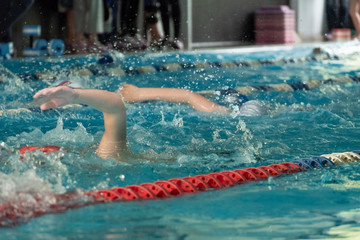 Children swimming freestyle. Indoor swimming pool with clear blue water.