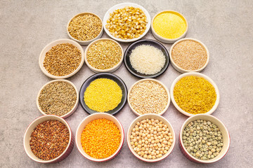 Healthy food vegetarian (vegan) concept. Assorted various organic cereals, legumes, whole grains.