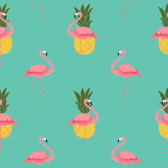 Obraz na płótnie Canvas Colorful Pink Flamingo and Pineapple Seamless Pattern Background. Vector Illustration