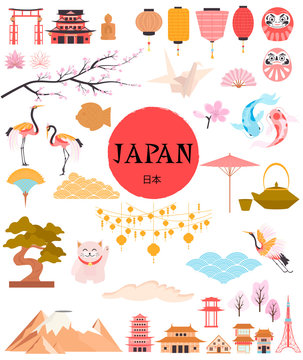 Japan traditional famous elements and symbols collection. Welcome to Japan.    Japan wording translation: "Japan". Editable vector illustration