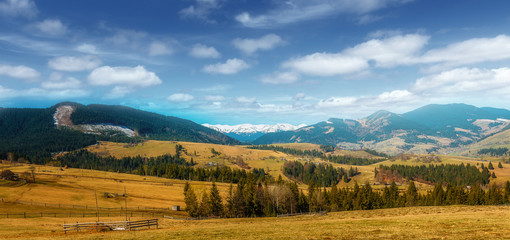 Awesome alpine highlands in sunny day. Spring Landscape inthe mountains with perfect sky. Wonderful nature background.