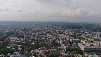 Panorama of the ancient city. The roofs of old buildings. Ukraine Lviv Dominican Church. Streets Arial LVOV, UKRAINE.