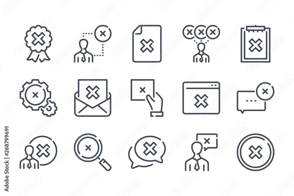 Poster cancellation related line icon set. negative result linear icon collection. decline and cancel vecto
