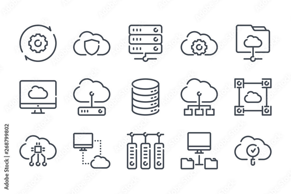 Poster cloud computing related line icon set. computer system and cloud service vector linear icon collecti